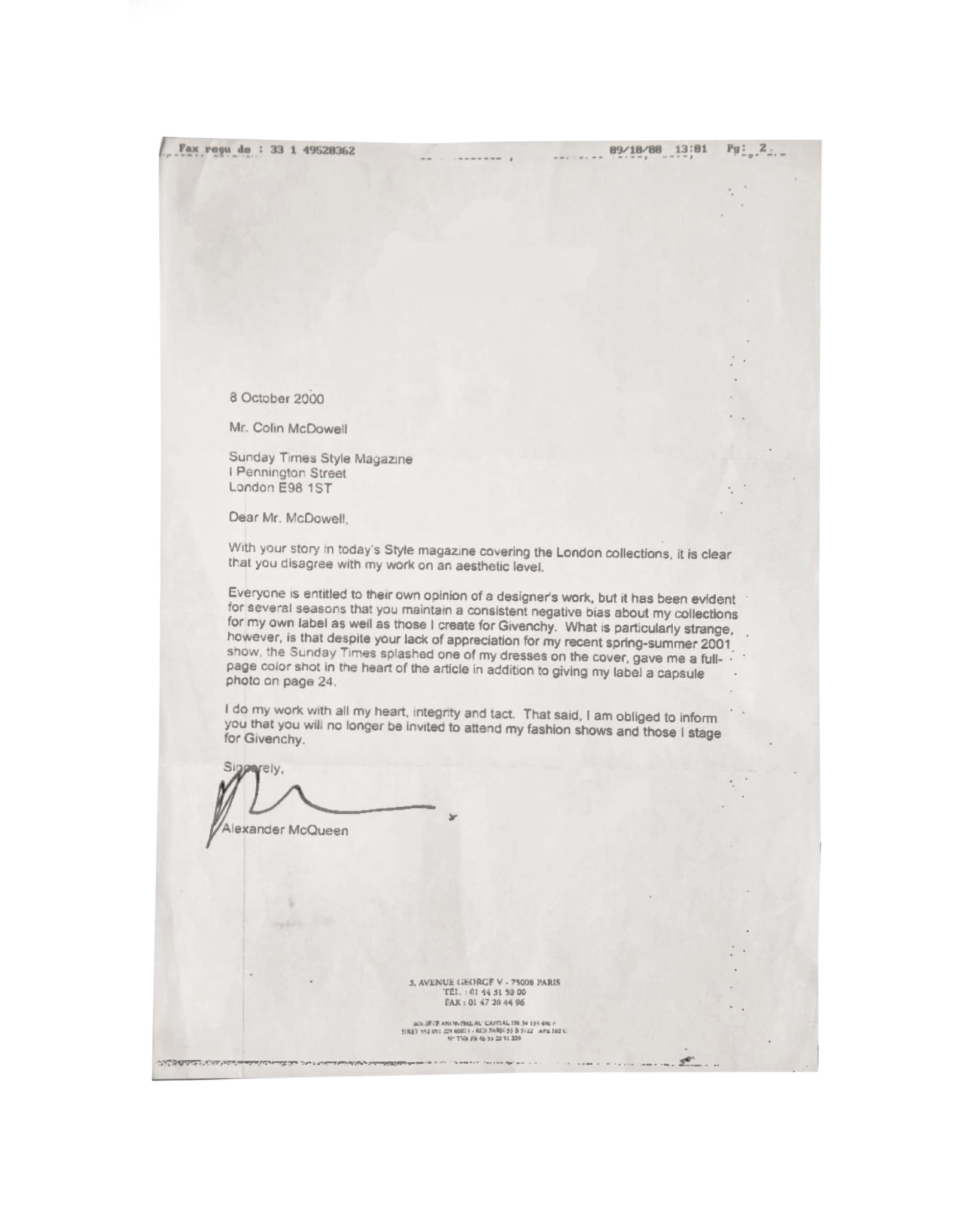 McQueen’s Letter That Banned Colin McDowell: A Brief History of the Feud